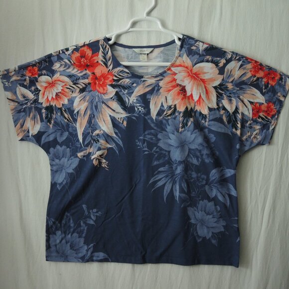 4/$25 CJ Banks Short Sleeve Blouse Large Floral Print on Slate Gray Blue Size 1X - Picture 1 of 7